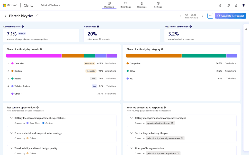 Ukur bagaimana jawaban AI menggunakan konten Anda dengan wawasan topik di Microsoft Clarity. Ukur bagaimana jawaban AI menggunakan konten Anda dengan wawasan topik di Microsoft Clarity.